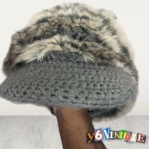 Gray Knit Hat with Faux Fur Trim
